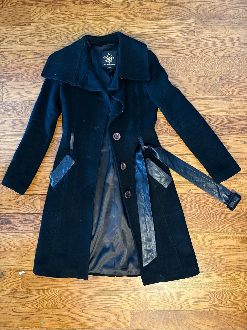 Mackage Black Wool Trench Coat with Leather Trim